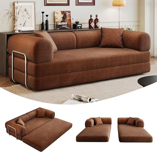 79" Convertible Sofa Bed, Corduroy Folding Pull Out Couch with Pillows, No Assembly Modern Boneless Couch Compression Sofa in Box, Floor Sofa with Support Rods for Living Room,Brown