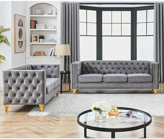 KEIKI Tufted Velvet 3+2 Seat Sofa Couch for Living Room, Buttons Tufted Square Arm Couch for Home Apartment, Gray