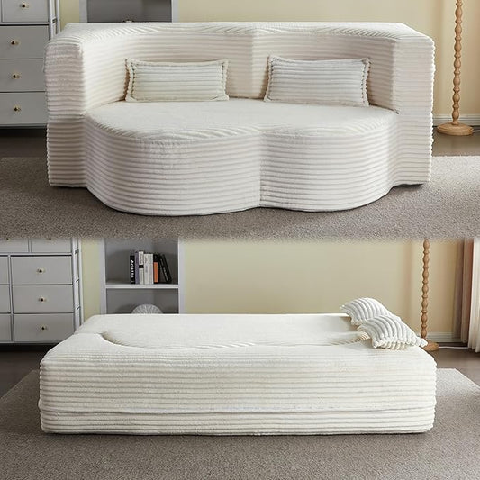 Ball & Cast 78" Convertible Sleeper Sofa Bed with Pillows, Corduroy Folding Mattress Couch Bed, Floor Futon Sofa Comfy Compressed Cloud Couch for Living Room,Beige