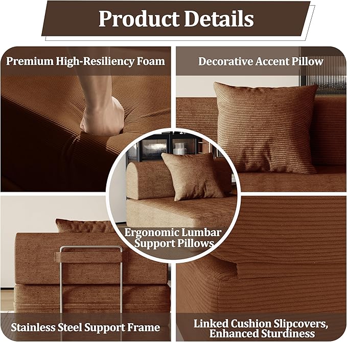 31.5'' Convertible Compressed Corduroy Folding Sofa Bed, Modern Boneless Pull Out Sleeper Sofa Couch in a Box, 3 in 1 Portable Lazy Floor Lounge Chair, No Assembly Needed, Caramel, Pillow, Single