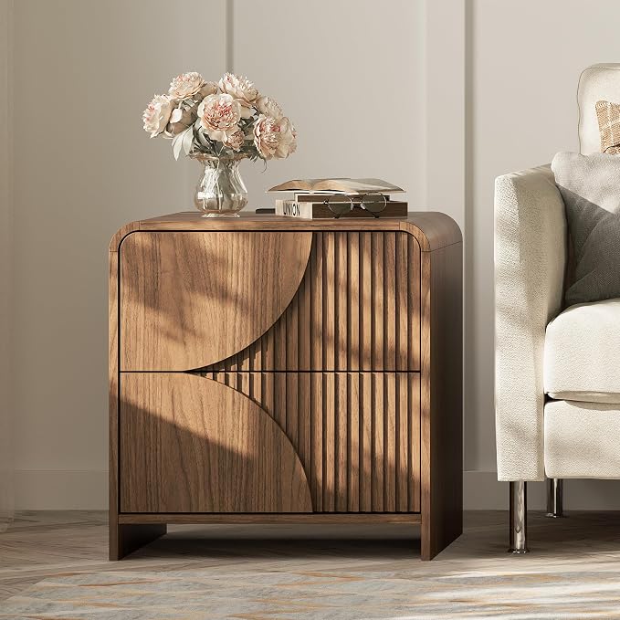 Nightstand Set of 2,Fluted Nightstand with Charging Station, 20" Side Table with 2 Drawers Modern Night Stand Wooden End Table Bedside Table with Curved Design for Bedroom,Walnut - Image 3