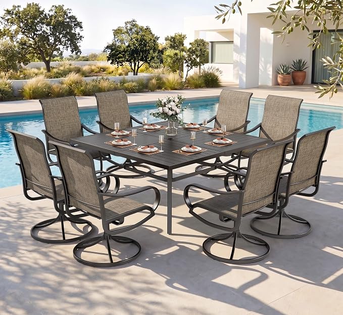 PHI VILLA 9 Pcs Patio Dining Set with Large Square Metal Dining Table & 8 Outdoor Textilene Fabric Swivel Dining Chairs, Outside Table Chair Furniture Dining Set for 8 Person by PHIVILLA