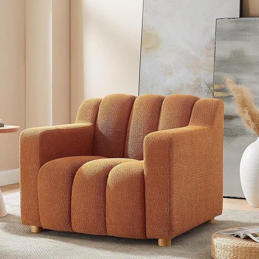 Modern Oversized Living Room Chairs, 40" Wide Boucle Accent Chairs with Deep Seat and Wooden Legs, Comfy Reading Arm Chair for Bedroom, Apartment, Orange