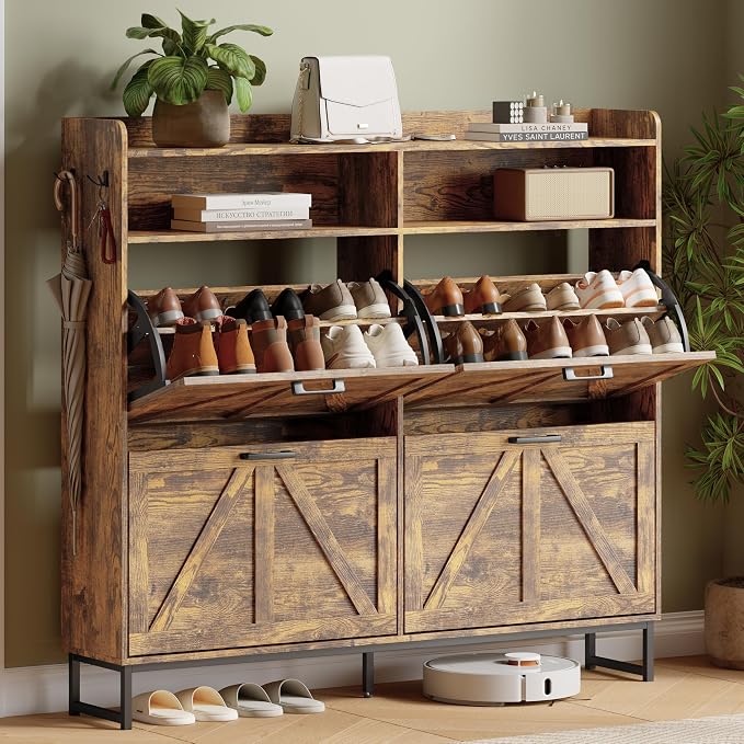Shoe Cabinet with 4 Flip Drawers, Freestanding Hidden Shoe Storage Organizer for Entryway, Narrow Slim Shoe Rack Cabinet with Open Storage & Hooks for Front Door Entrance, Living Room, Hallway, Brown by Xixini