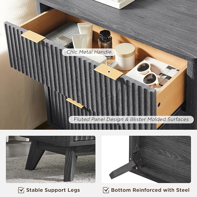 T4TREAM Fluted 3 Drawers Nightstand Set of 2, Oversized Extra Large Modern Side Table, End Table Bedside for Bedroom, Living Room, Curved Profile Design, Dark Alder - Image 6