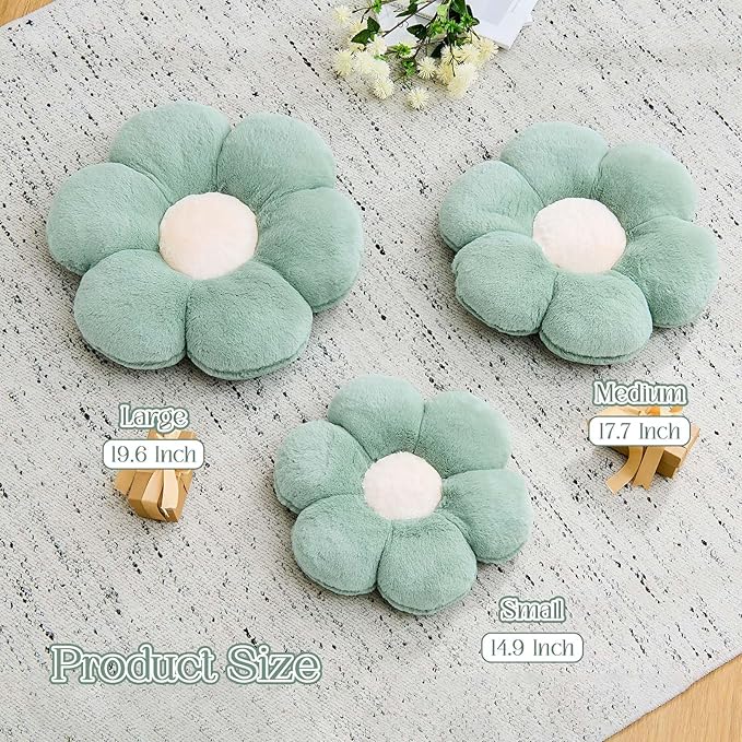 Kcvvcr Flower Pillow Cute Decorative Throw Pillow with Faux Rabbit Fur Soft Daisy Plush Floor Cushion Aesthetic Flower Shaped Pillow Home Decor for Bed Sofa Couch (Sage Green17.7 Inch)