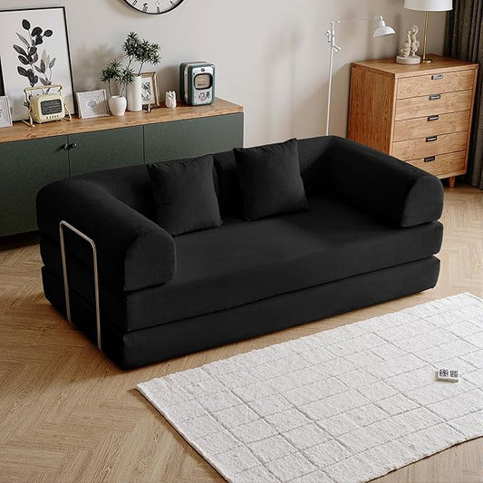 87'' Convertible Compressed Corduroy Folding Cloud Sofa Bed, Modern Modular Boneless Pull Out 3 Seater Sleeper in a Box, 5 in 1 Foldable Floor Mattress Couch, No Assembly Needed, Black, Pillows, King