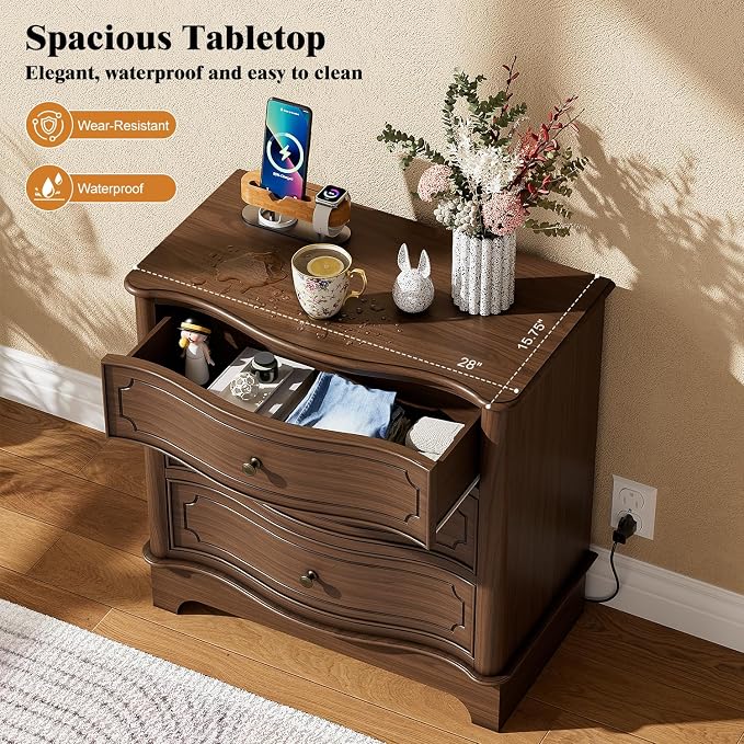 3 Drawers Dresser for Bedroom with Charging Station, 28" Wide Small Chests of Drawers, Farmhouse Wood Nightstand Bedside Cabinet End Table for Bedroom, Living Room, Closet, Hallway - Image 4