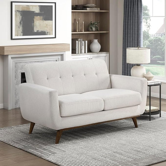 Lexicon Modern Accent Couch, Textured Fabric Upholstered Loveseat with Brown Wood Legs, Track Arms, Tufted Couch Back, 2 Seater Loveseat Sofa for Living Room/Office/Waiting Room, Beige