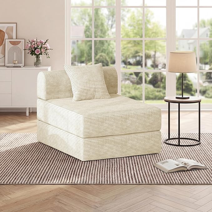 HouseMila Sofa Bed Couch,Convertible Boneless Couch Compressed Chair Comfy Boneless Chair Floor Lounge Chair with Pillow,No Assembly Folding Sofa Beds for Living Room Bedroom Guest Room(Single,Beige