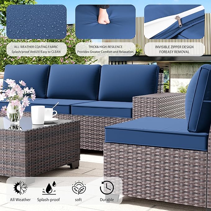 6 PCS Outdoor Patio Furniture Set,Outdoor Sectional Furniture All Weather PE Rattan Wicker Patio Conversation Set with Coffee Table and 5 Thickened Cushions,Navy Blue