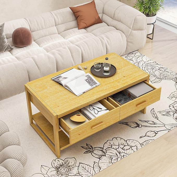 Solid Wood Coffee Table with Storage Living Room Table with 2 Drawers Shelf & Reinforced Legs