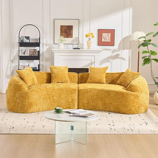 109-Inch Curved Boneless Sofa Couches Compressed 4-Seat Foam Couch for Living Room Bedroom, Boneless Modular Cloud Sofa Curved Floor Couch with 4 Pillows, No Assembly