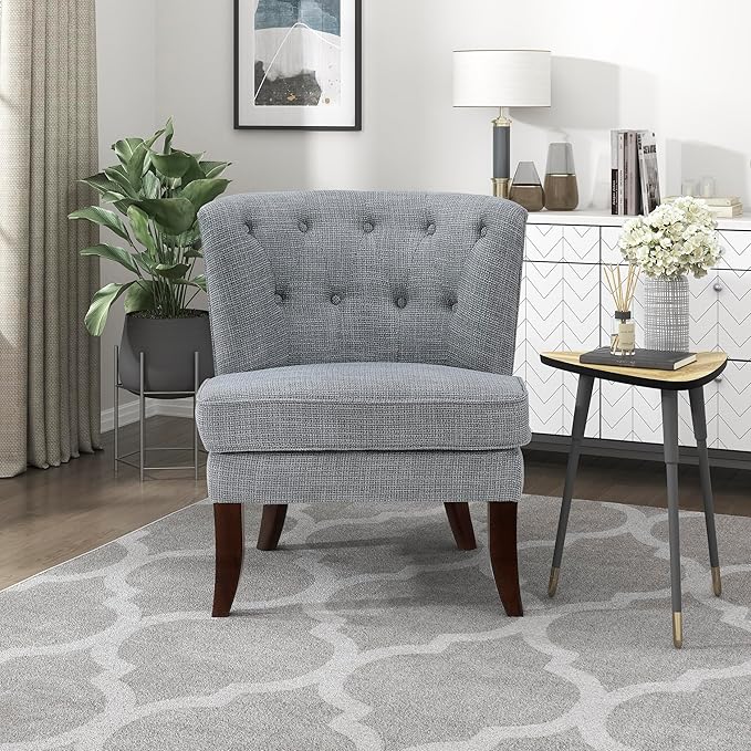 Lexicon Accent Chair, Textured Fabric Upholstered Armless Chair with Solid Wood Legs, Button Tufted Curved Back for Living Room/Bedroom/Office/Waiting Area, Dark Gray