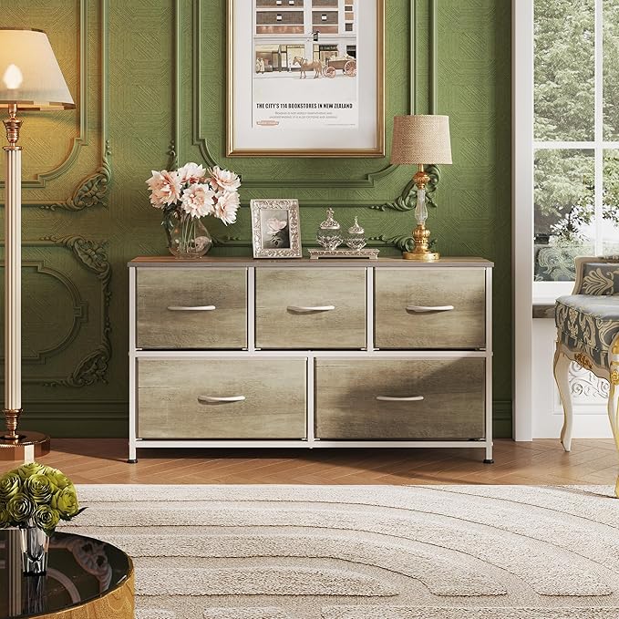 WLIVE Dresser for Bedroom with 5 Drawers, Wide Chest of Drawers, Fabric Dresser, Storage Organizer Unit with Fabric Bins for Closet, Living Room, Hallway, Greige Oak - Image 4