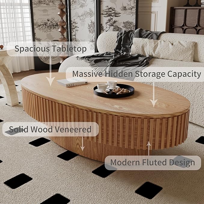 Oval Coffee Table with Storage for Living Room Fluted Pedestal Coffee Table Modern Handcrafted Centre Table for Apartment, Easy Assembly 47.2"x23.6", Oak