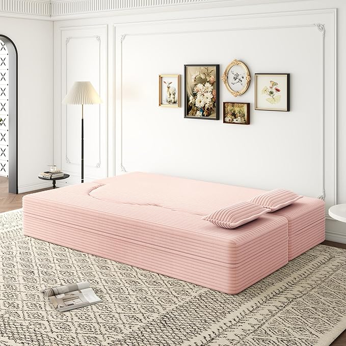KEIKI Corduroy Floor Sofa Convertible Couch, Full Size 15" Foam Folding Mattress Sleeper Sofa Bed with 2 Pillows, Lounge Floor Couch for Bedroom & Living Room, Baby Pink