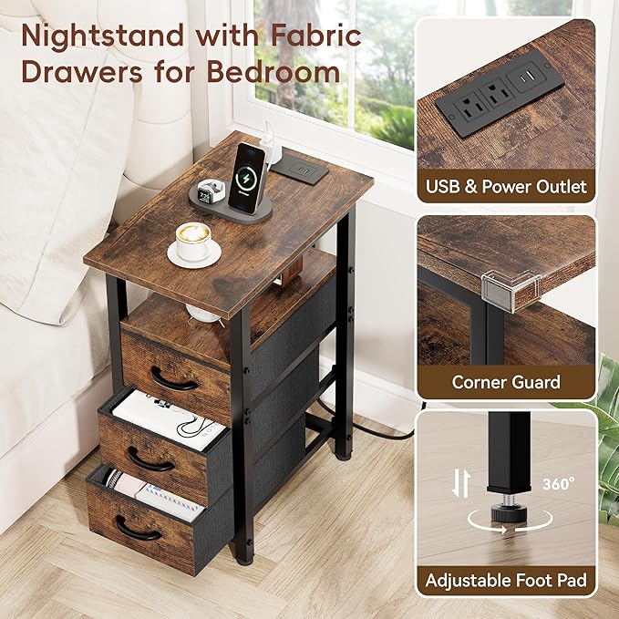Vagusicc Nightstand with Charging Station and LED Lights, Narrow End Table, LED Night Stand with 3 Fabric Drawers for Bedroom, Small Bedside Table, Narrow Side Table for Small Spaces, Rustic Brown - Image 7
