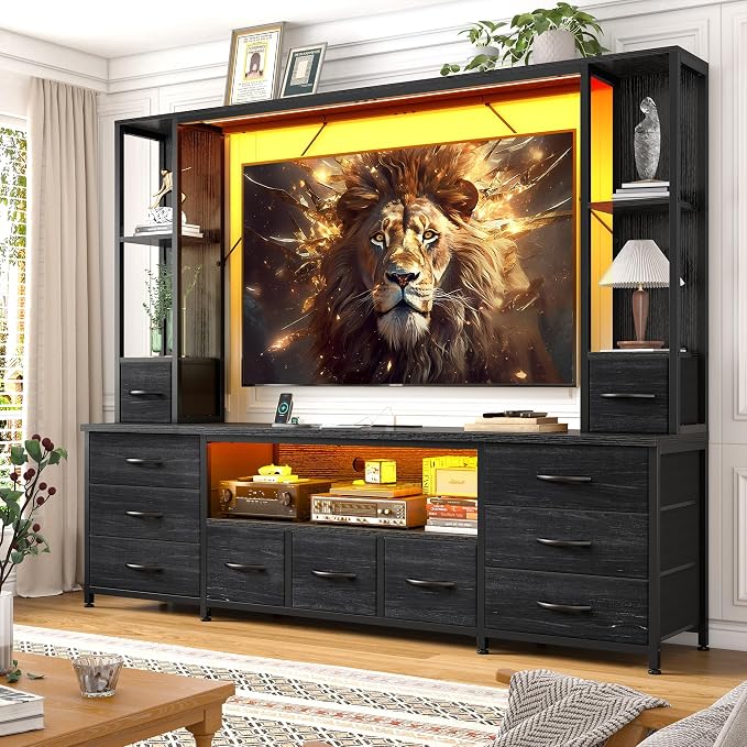 EnHomee 65" TV Stand for Living Room, Large Entertainment Center with 11 Fabric Drawers, 2 LED Lights & Power Outlets, Modern Dresser with Storage Shelves, Wall Unit for Bedroom, Black by EnHomee
