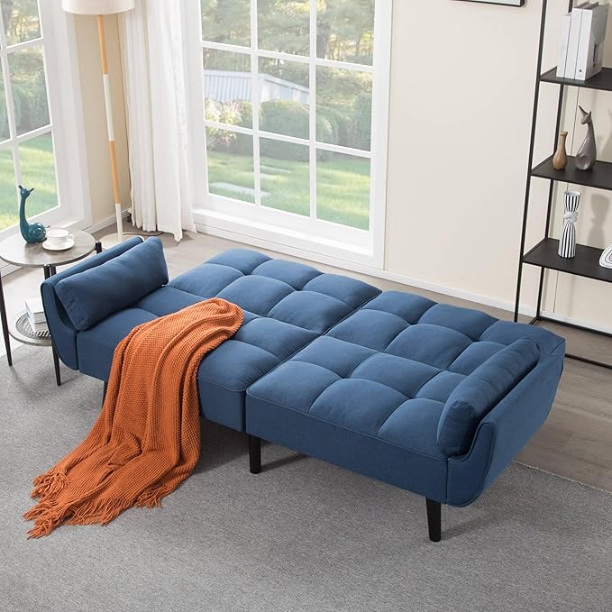 Convertible Futon Sofa Bed, Modern Futon Couch with 2 Pillows, Small Futons Couch with Adjustable Armrest & Backrest, Loveseat Sofa Bed for Living Room, Bedroom, Blue