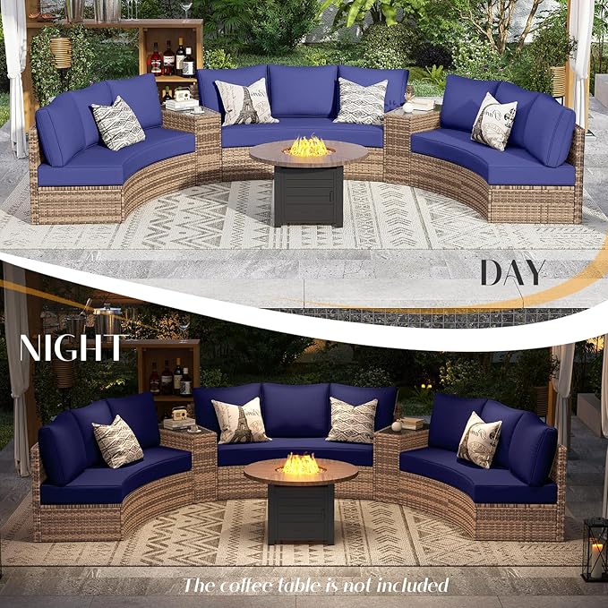 PaPaJet 11-Piece Patio Furniture Set with Large Storage Wedge Table, Half-Moon Wicker Sectional Sofa with Cushions, Waterproof Rattan Outdoor Conversation Set for Beach, Pool, Garden & Balcony, Blue