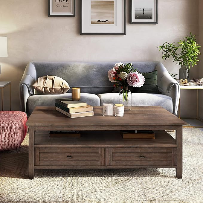 SIMPLIHOME Warm Shaker Coffee Table - 48 inch Wide Solid Wood Coffee Table in Farmhouse Brown, Transitional Living Room Table with 2 Drawers, Open Shelf, Shaker Fronts and Tapered Legs