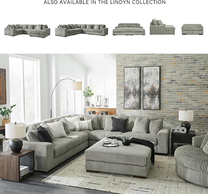 Signature Design by Ashley Lindyn Contemporary Chaise with USB Charging Ports, 2 Cup Holders and Throw Pillows, Gray