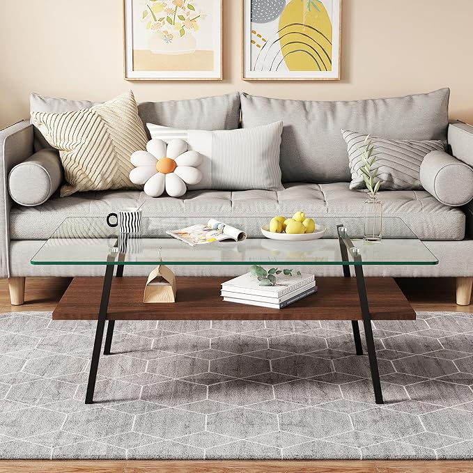 IANIYA Glass Coffee Table for Living Room Small Gold Mid Century Coffee Table for Living Room with Wood Shelves (Black Frame, Transparent Glass + Brown Wood)