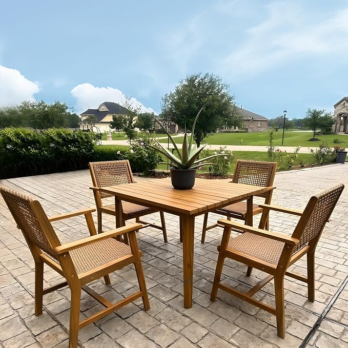 PHI VILLA Outdoor Acacia Wood Chairs Set of 2, Patio Dining Armchairs with Wicker Back & Seat, Farmhouse Style Teak Seating Furniture for Deck Yard Balcony Garden - Bright Brown - Image 6