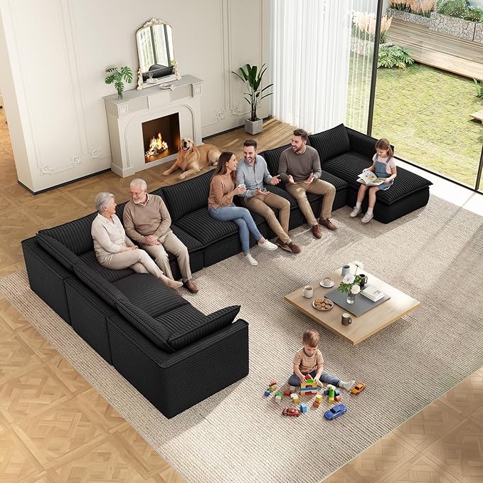Vesgantti 141.7" Oversized Sectional Boneless Couch, 7 Seater Modular Sofa with Chaise & Ottoman & Armrest, Deep Seat Plush Corduroy Cloud Couches for Living Room, No Assembly Required, Black