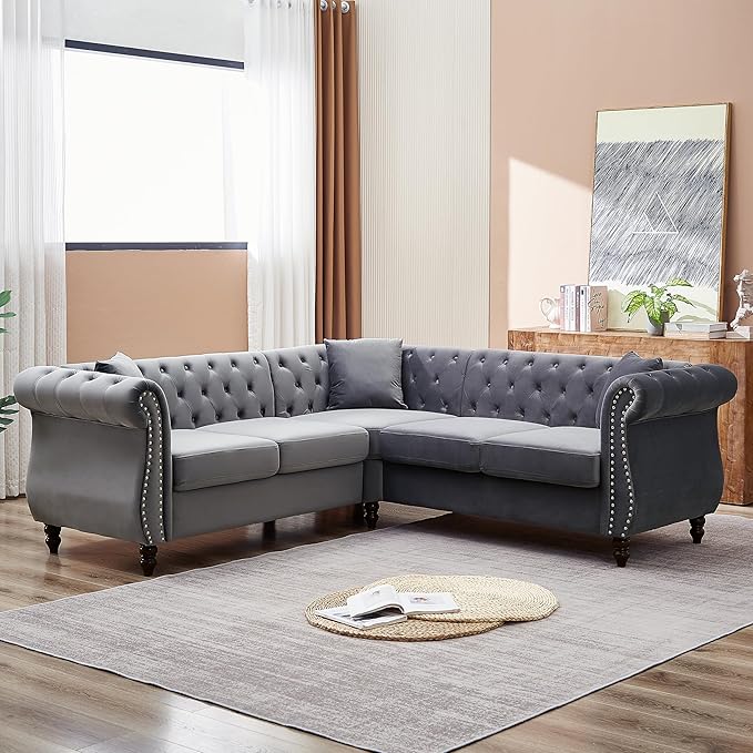KEIKI 83.5" Chesterfield Corner Sofa, Retro Upholstered L-Shaped Couch with Rolled Arm, 5 Seater Velvet Sofas for Living Room Bedroom Office Apartment, Gray