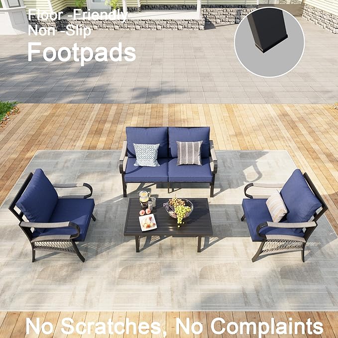 4 Pieces Patio Furniture Set, Outdoor All Weather Metal Conversation Sets with 2 Single Chairs, 1 Loveseat Sofa, 1 Coffee Table for Backyard, Garden, Deck, Blue