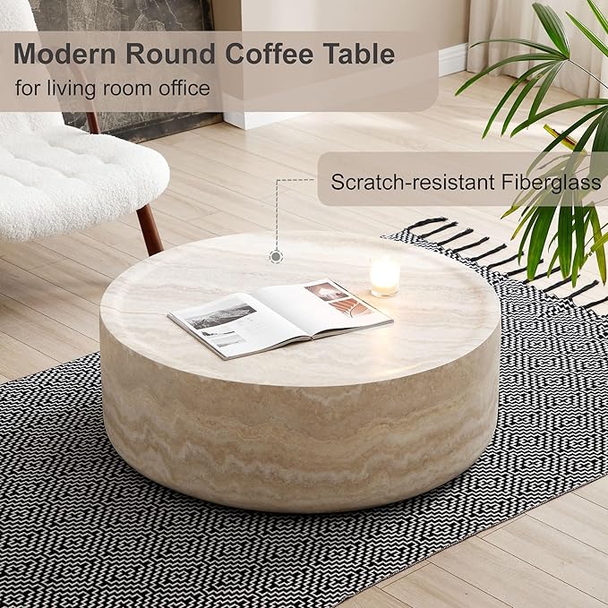 Round Coffee Table for Living Room, Modern Circle Coffee Table Faux Mars Pattern Center Table for Apartment, No Need Assembly (Marble, 39.37 Inch)