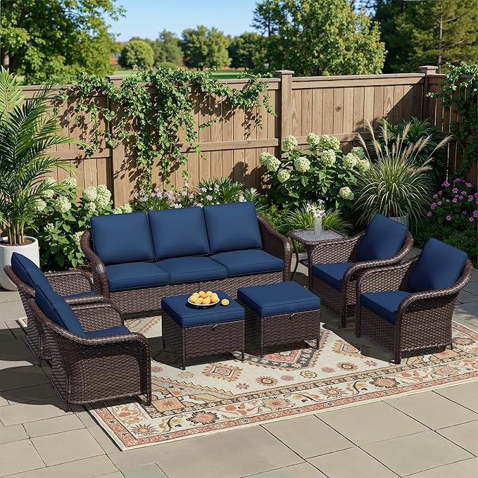 8 Piece Patio Wicker Conversation Set, All-Weather Use Outdoor Wicker Sofa with 2 PE Rattan Ottomans,4 Chair, 1 Side Table, Ideal for Porch, Backyard, Balcony, Poolside, Blue