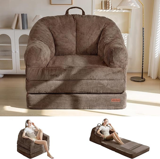 MAXYOYO Folding Sofa Bed with Backrest, Boneless Fold Out Couch Bed with Handle, 2 in 1 Convertible Bean Bag Chair to Floor Sofa Lounger, Comfy Folding Couch for Bedroom & Living Room, Brown