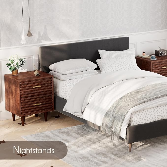 Whalefall Night Stands, Fluted Bedside Table with Drawer, Mid Century Modern Nightstand, End Table Bed Side Tables for Bedroom, Accent Tables with Wood Legs, Brown 1pc - Image 8