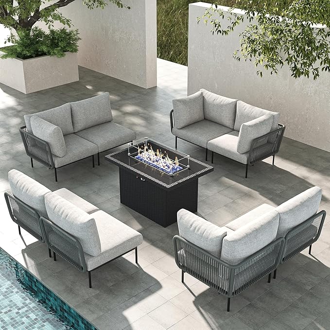 LayinSun 9 Pieces Aluminum Patio Furniture Set, Modern Modular Sectional Sofa with Fire Pit Table and Upgrade Thickness Cushion