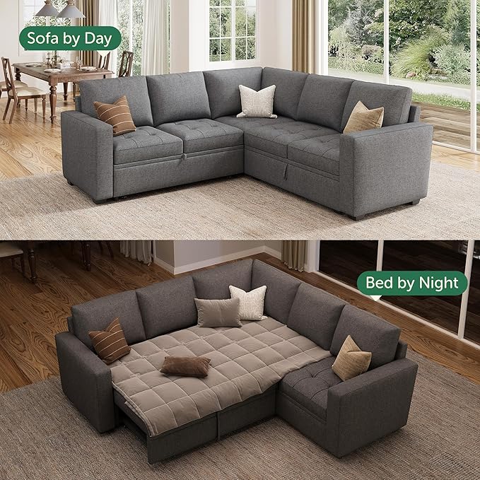 HONBAY Modular Sectional Sofa with Pull Out Bed Convertible L Shaped Couch with Storage Seat Sleeper Sectional Couches for Living Room,Mid Grey
