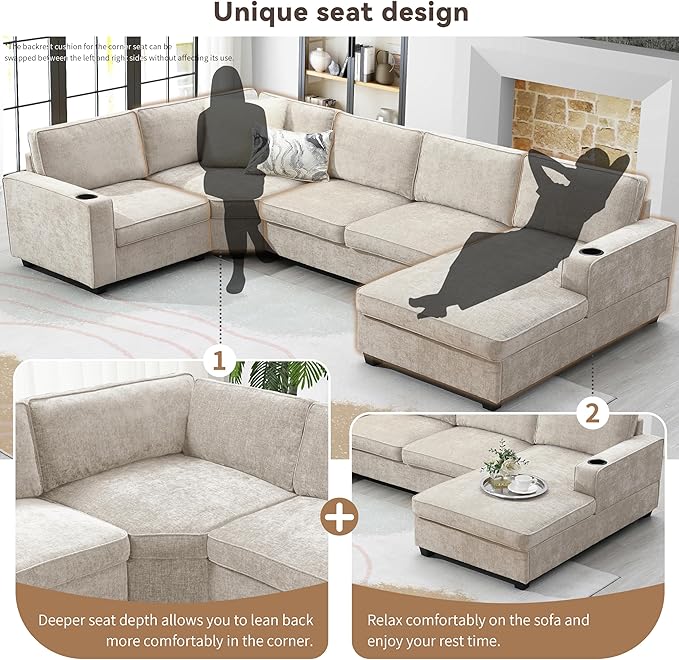 Merax Modern Oversized U-Shaped Sectional Sofa with Cup Holders & Chaise Lounge, Chenille 6-Seat Couch Set Sleeper Bed with Deep Seat Beige