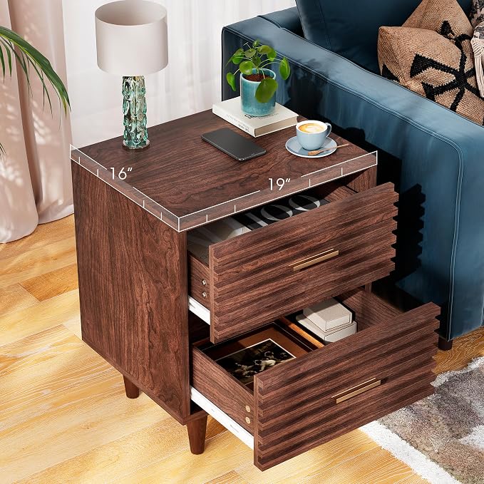 Whalefall Night Stands Set of 2, Fluted Bedside Table with Drawer, Mid Century Modern Nightstand, End Table Bed Side Tables for Bedroom, Accent Tables with Wood Legs, Brown 2pcs - Image 7