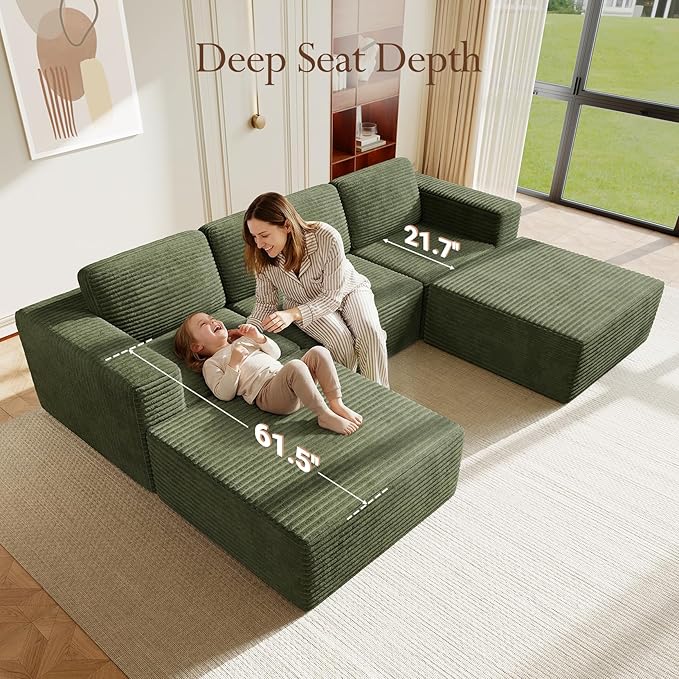 Vesgantti 119" Oversized U-Shaped Modular Sectional Sofa, Corduroy Cloud Couch with Deep Seating & Spring Support, Convertible Sofa with 2 Ottomans, Boneless Couch, No Assembly Required, Green