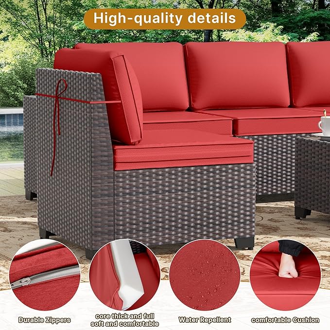 Gotland 6 Pieces Patio Furniture Set with 1 Coffee Table, 5 Seater Rattan Outdoor Sectional with Wide Armrests 29.5'' High Backrest Thick Waterproof Cushions, Conversation Sets for Deck Garden Red