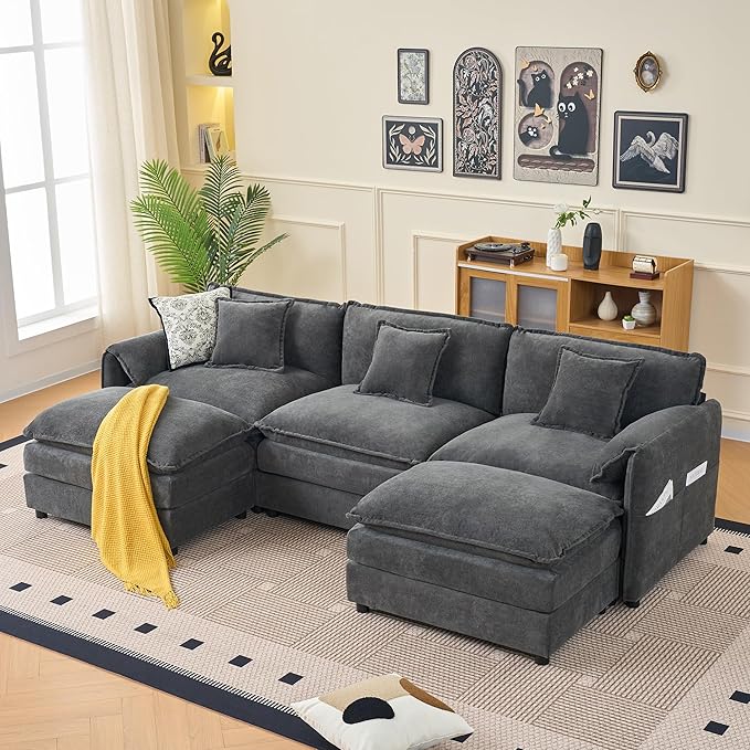 109-Inch U-Shaped Sectional Cloud Sofa Oversized Modular 5 Seaters Sofa Couch with 2 Ottoman Chaise and Pillow Armrest, Chenille Upholstered Convertible Cloud Couch
