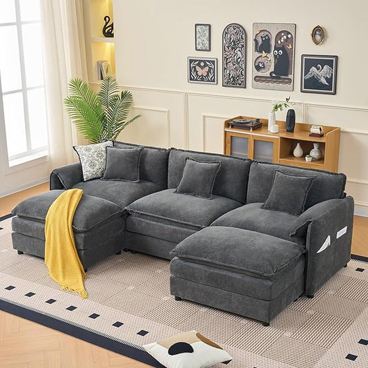 109-Inch U-Shaped Sectional Cloud Sofa Oversized Modular 5 Seaters Sofa Couch with 2 Ottoman Chaise and Pillow Armrest, Chenille Upholstered Convertible Cloud Couch