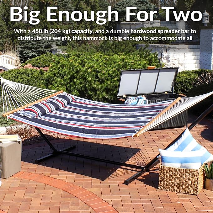 Sunnydaze Quilted Double Hammock for Outside with Spreader Bars and Pillow - 450 lb Capacity, 74x55 Inch Bed, UV Resistant, Quick Dry - Chains Included, Stand Sold Separately - Nautical Stripe - Image 6