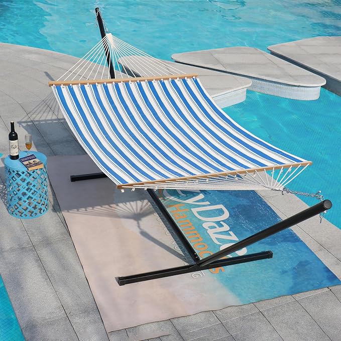 Lazy Daze Hammocks Quick Dry Hammock with Spreader Bar Textliene Fabric Double 2 Person Hammock with Chains Outdoor Patio Poolside Backyard Beach 450 lbs Capacity, Blue Stripes - Image 6