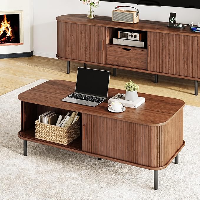 Coffee Table with Storage, 47.2" Mid Century Modern Coffee Tables for Living Room, Rectangle Wood Center Table with Sliding Tambour Door & Adjustable Leg for Living Room, Walnut