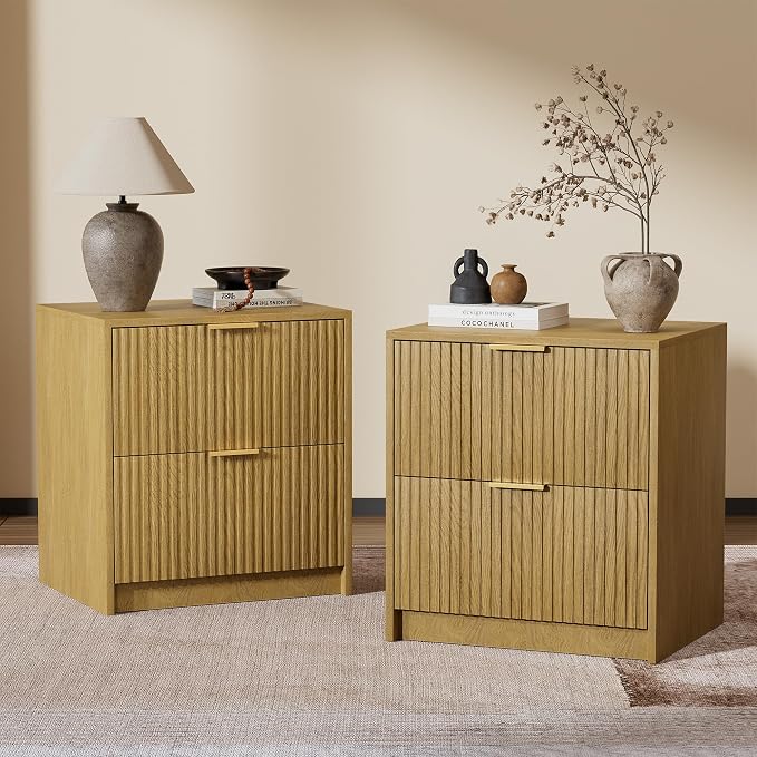 Furniway Nightstands Set of 2, Fluted Nightstand with Gold Metal Handles and 2 Drawers, Modern Bedside Table, 18.5" Wide Wood End Table for Bedroom, Natural by Furniway
