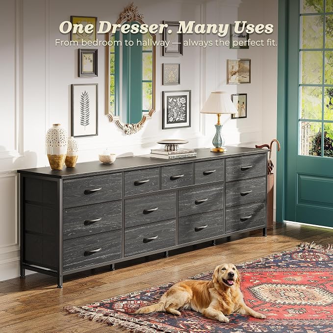 Huuger 70 Inch Dresser for Bedroom, TV Stand for 65, 75, 80 Inch TV, 13 Fabric Drawer Long Dresser, Large Entertainment Center for Bedroom, Wide Chest of Drawer with Storage, Charcoal Black - Image 7