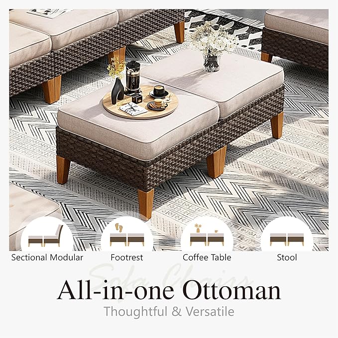 Sophia & William Patio Furniture Set with 56-Inch Fire Pit Table, 4 Corner Sofa, 3 Single Chairs, 2 x Ottoman, Outdoor Wicker Sectional Sofa Patio Conversation Set for Pool,Deck,Lawn (Beige)